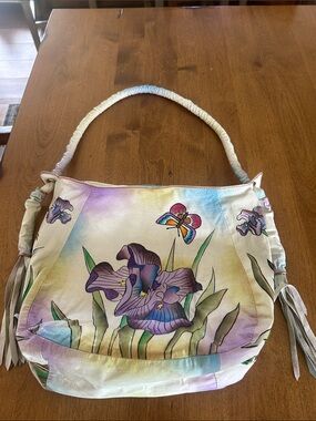 Hand-Painted Purple Iris Canvas Shoulder Bag by Magnifique